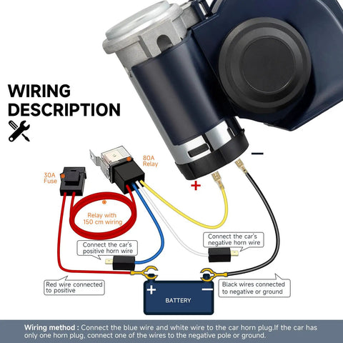 Wiring diagram for Badass Snail Air Horn including relay, fuse, and connection instructions for easy installation.