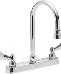 Two-Handle 8-Inch Cast Deck-Mount Chrome Faucet With Rigid Swivel Gooseneck Spout 12-Inch High 3-Hole Installation Red Blue Indicators