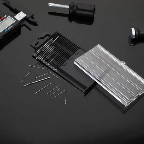Small Precision Drill Bit Set With 20 Pcs HSS Shank Twist Bits for DIY Projects, case open with bits displayed, 0.3 to 1.6 mm