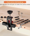 Push latches drill guide jig with multiple drill sizes and guides for concealed installation on wooden surface