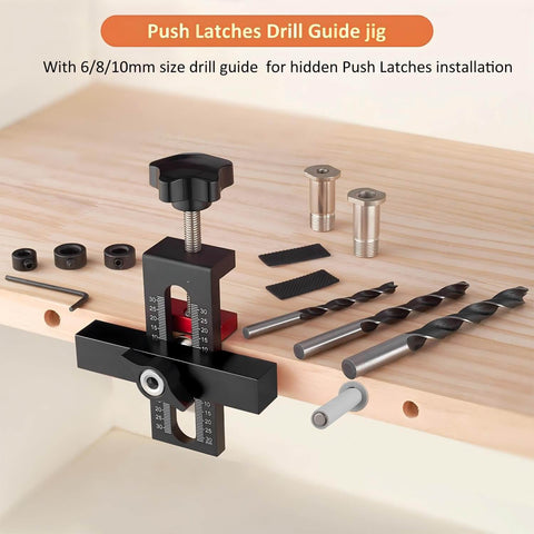 Push latches drill guide jig with multiple drill sizes and guides for concealed installation on wooden surface