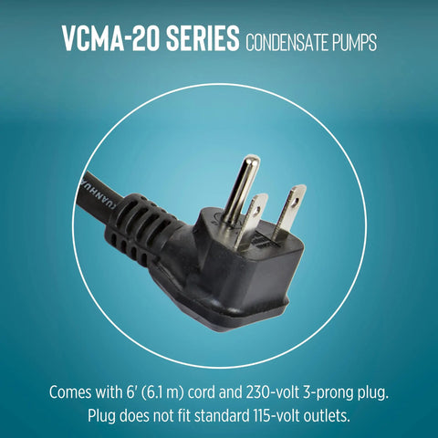 VCMA-20UL 230V Automatic Condensate Removal Pump For HVAC Refrigeration And Dehumidifiers With No Fuss Install, 6-foot cord