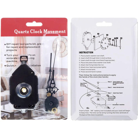 DIY Quartz Clock Movement Kit Replacement Mechanism With 0.9 Inch Pendulum Rod, instructions and blister pack visible