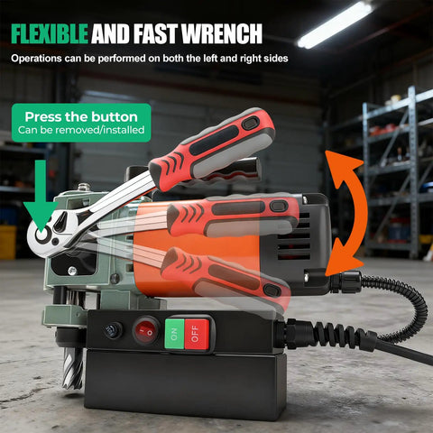 1380W Portable Magnetic Drill Press Low Profile Mag Drill Machine With 3/4" Annular Cutter Powerful 680Rpm showing adjustable flex wrench.