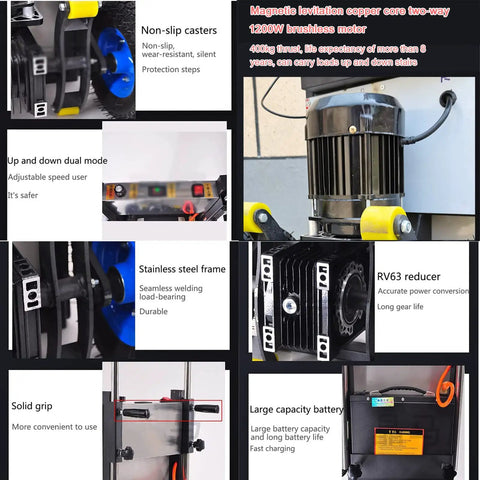 Close-up of components of Heavy Duty Electric Hand Truck Stair Climber With Telescopic Handle And Removable 48 Volt Battery for efficient moving.