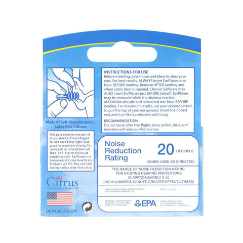 Back packaging of Air Travel No Fuss Ear Pressure Relief Ear Plugs Pack Of Four Pairs, with instructions and noise reduction rating.