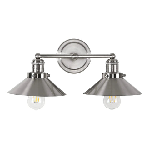 Industrial Farmhouse Nickel Two Light Metal Vanity Light Wall Sconce With Rock Solid Metal Shade For Bathroom Mirror Kitchen And Entryway LED Bulbs Included 17.5 Inch Length