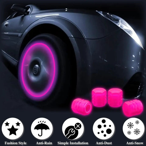 Eight Pack Fluorescent Glow Tire Valve Stem Caps Lit Car Tire Air Caps That Are Corrosion Resistant And Leak Proof Wheel Valve Covers Universal Fit For Cars Trucks Bikes Motorcycles Bicycles Pink shown on lit car wheels