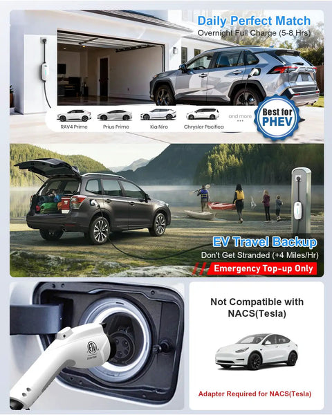 Plug And Go Portable Level 1 And 2 EV Charger With 25 Foot Cord J1772 Connector in a garage charging a silver SUV.
