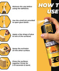 Instructions showing how to use Ultra Strong Instant Glue With Activator Set Pro Grade Two 1.76 Oz And Two 6.76 Fl Oz Activator.