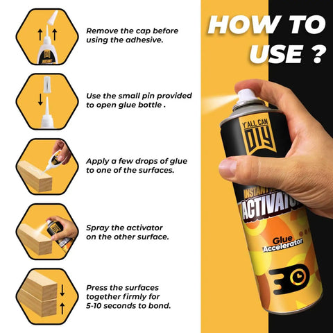 Instructions showing how to use Ultra Strong Instant Glue With Activator Set Pro Grade Two 1.76 Oz And Two 6.76 Fl Oz Activator.