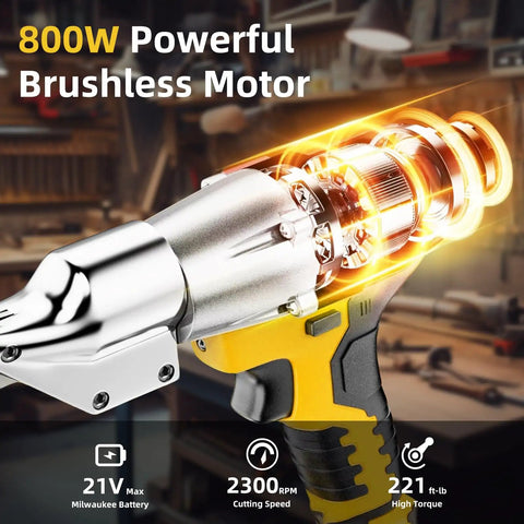 Heavy Duty Cordless Metal Shears Compatible With 21V Max Batteries, showing powerful brushless motor and ergonomic handle.