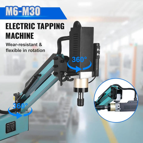 Doppy 1200W Servo Electric Tapping Machine M6 To M30 With 9 Piece Collet Set showcasing 360-degree rotation feature.