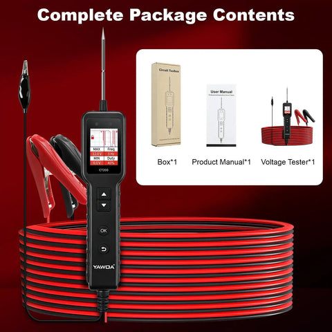 Circuit Probe Kit Pro Grade With 1.8 Inch Color TFT Display For 0 To 80V Automotive Electrical Systems Quick Short Finder Breaker Detector Component Activated Tests And Multimeter Mode With Four Diagnostic Functions DC Voltage AC Voltage Resistance Diode, shown with leads and manual