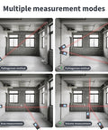 Laser Distance Meter Workhorse demonstrating Pythagorean, area, and volume modes in room with measurement lines.