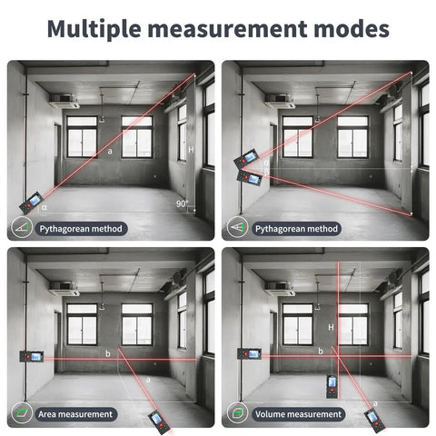 Laser Distance Meter Workhorse demonstrating Pythagorean, area, and volume modes in room with measurement lines.