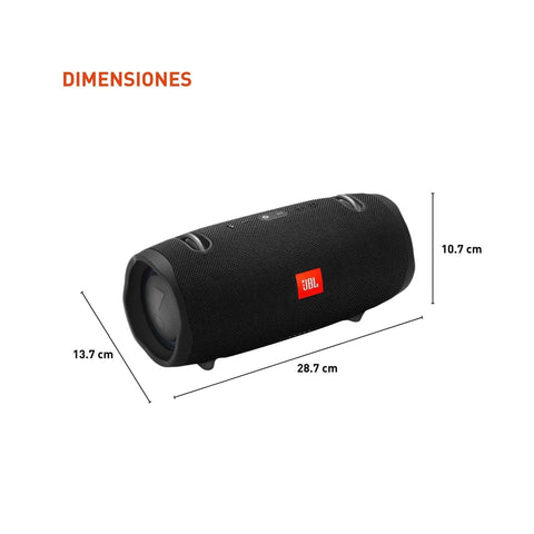 Xtreme 2 Waterproof Portable Bluetooth Speaker Built Like A Beast With 40W 4 Way Sound And A 10000mAh Battery Delivers Up To 15 Hours Of Playtime IPX7 Rugged Outdoor Ready. Image shows dimensions: 28.7 cm length, 13.7 cm width, and 10.7 cm height. Black rugged design with fabric material and red logo visible.