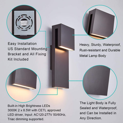 Sleek Outdoor Indoor LED Wall Sconce With Two Lights, 17W Total, Bronze Finish, 1600 Lumens, 3000K Warm White, 90 CRI, Dimmable