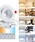 Six Pack Gimbal LED Recessed Lighting Four Inch 5CCT Adjustable 2700K To 6000K, 750 Lumens Can Lights With Jbox Canless Down Light Ceiling Light IC Rated ETL Listed showing color temperature settings from warm to cool white in kitchen, bedroom, bathroom, and living room environments