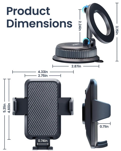 Two In One Car Phone Mount With Magnetic Clip For MagSafe And Android dimensions with 360 Degree Suction Holder details