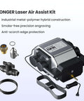 Front view of Longer Laser Air Assist Kit with air pump, brass fitting, O-ring, nozzle and tubing for Ray5 laser engravers