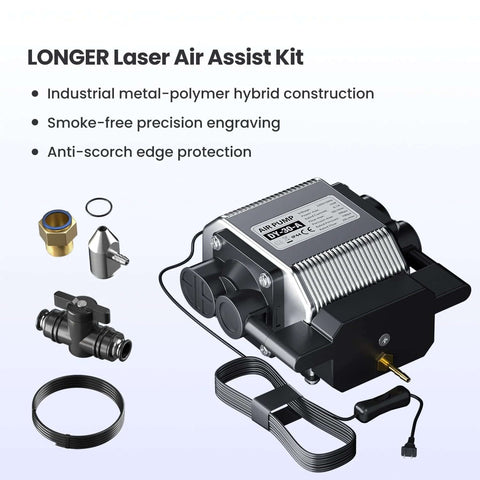 Front view of Longer Laser Air Assist Kit with air pump, brass fitting, O-ring, nozzle and tubing for Ray5 laser engravers