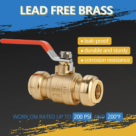 Three Quarter Inch Push To Connect Ball Valve Pack Of 5, brass, leak-proof, durable, corrosion-resistant, 200 PSI