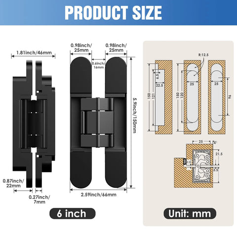 Esquema de bisagras ocultas para puertas secretas, Inch 15 Inch 6,35 Inch × 2,5 Inch , con ajuste en tres direcciones y medidas indicadas en negro.