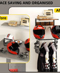 Comparison of before and after using Easy Install Motorcycle Helmet Holder Wall Mount Rack With Dual Hat Stands