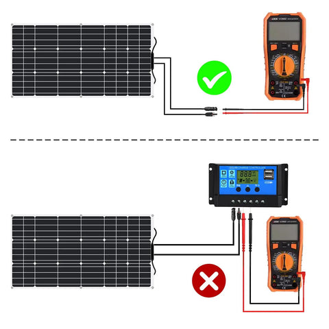 Wiring diagram showing correct and incorrect connections for 10 Pack Flexible Monocrystalline Solar Panels 100 Watts Each.