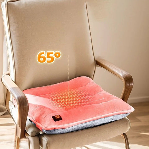 Cozy Brown Heated Seat Pad With Soft Plush Cushion For Office Chair At Home Or Work Featuring 3 Adjustable Heat Settings To Keep You Warm During Chilly Winter Days And Ensure Superior Comfort All Year Round, showcasing 65° heat display.