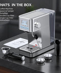 Level Up Your Home Barista Game With This Compact Stainless Steel Espresso Machine Packing A Mighty 20 Bar Pump And Smart Steam Frother For Silky Lattes And Smooth Daily Sips Anytime, showing the included coffee machine and accessories.