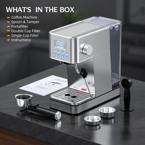 Level Up Your Home Barista Game With This Compact Stainless Steel Espresso Machine Packing A Mighty 20 Bar Pump And Smart Steam Frother For Silky Lattes And Smooth Daily Sips Anytime, showing the included coffee machine and accessories.
