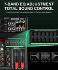 7-band EQ control on a 6 Channel Portable Mixer With 320 DSP Effects 48V Phantom Power Bluetooth Sound Card for studios
