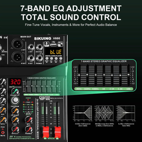 7-band EQ control on a 6 Channel Portable Mixer With 320 DSP Effects 48V Phantom Power Bluetooth Sound Card for studios