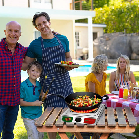 Family BBQ using 10000 BTU Propane Portable Stove For Outdoor Camping Single Burner Stainless Steel Cooktop With Hose.