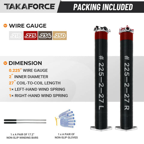 Beefy 0.225 Inch By 2 Inch By 27 Inch Garage Door Torsion Springs Pair With Winding Bars And Gloves For 7 Foot Doors LHW RHW Wound High Strength Steel With Electrophoretic Coating 16000 Cycle Life diagram