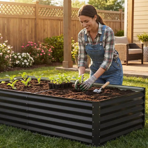 Woman planting in 2 Pack Raised Garden Bed 8x4x2ft Galvanized Steel Planter Box Kit For Outdoor Gardening Large Vegetable And Flower Beds With Gloves And Tools Black Outdoor Ready