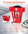 Heavy Duty Manual 16 Ton Hydraulic Pipe Bender For Copper Exhaust Tubes showcasing red frame, 9.6 inch stroke, and 4-leg support.