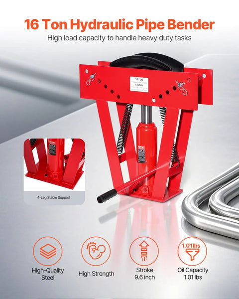 Heavy Duty Manual 16 Ton Hydraulic Pipe Bender For Copper Exhaust Tubes showcasing red frame, 9.6 inch stroke, and 4-leg support.