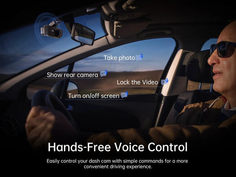 Driver using 4K 3 Channel Dash Cam With Front Rear And Interior Cameras, 4K 1080P 1080P, App And WiFi, 64GB Card Included, hands-free.
