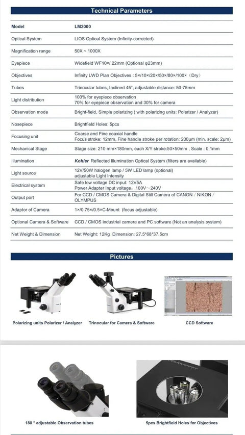 Inverted Metallurgical Microscope LM2000 With Infinity Corrected Optics For Pro Grade Imaging 5x To 100x Dry Objectives widefield trinocular tubes