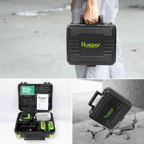 Person carrying the Self Leveling 360 Green Laser Level Kit With 4x 360 Cross Lines, Rechargeable Dual Li Ion Batteries, Hard Carry Case