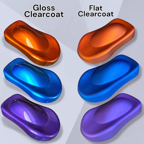 Six LiME LiNE automotive clearcoat color swatches in orange, blue, and purple showing gloss and flat finishes.