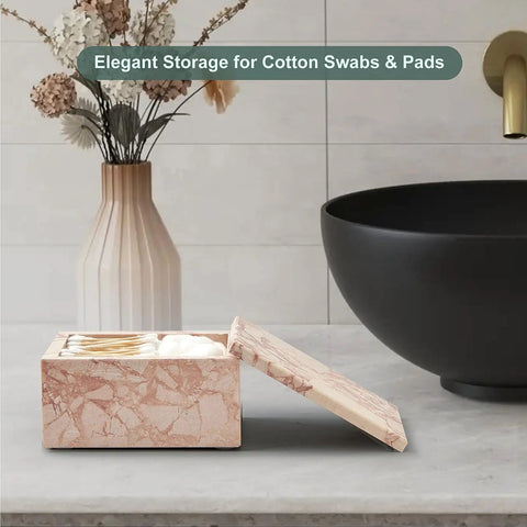 Natural Marble Storage Box With Lid Pink Rectangular Stone Organizer for Jewelry Makeup Cotton Swabs and Keepsakes on counter