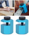 Heavy Duty Aluminum Framing Square Jig Quick Set Rafter Layout Guide Carpenter Attachment Tool Nailed It Precision showing blue jigs with black knobs.