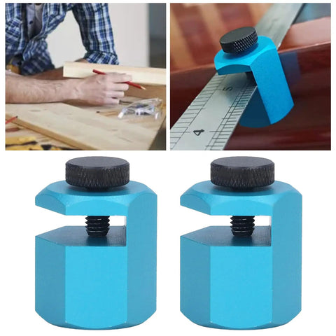 Heavy Duty Aluminum Framing Square Jig Quick Set Rafter Layout Guide Carpenter Attachment Tool Nailed It Precision showing blue jigs with black knobs.