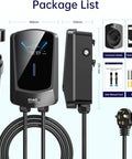 Level 2 EV Charger for Home Use With 14-50 Plug, 40A output, 25ft cable, display, package contents and dimensions shown
