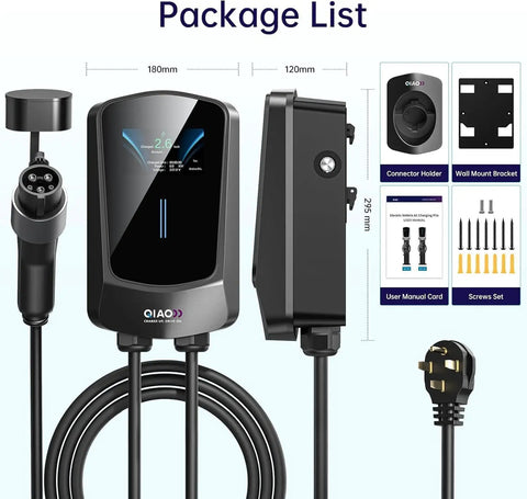 Level 2 EV Charger for Home Use With 14-50 Plug, 40A output, 25ft cable, display, package contents and dimensions shown