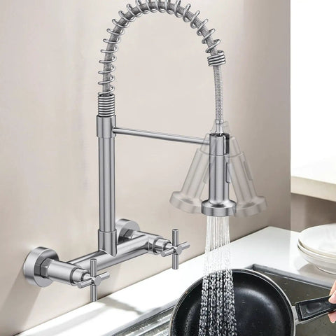 Rock Solid Wall Mount Kitchen Faucet With Smooth Dual Handles And No Fuss Two Function Spray For Laundry Or Commercial Sinks Built Tough From Lead Free Brushed Nickel Stainless Steel in use with pot under spray